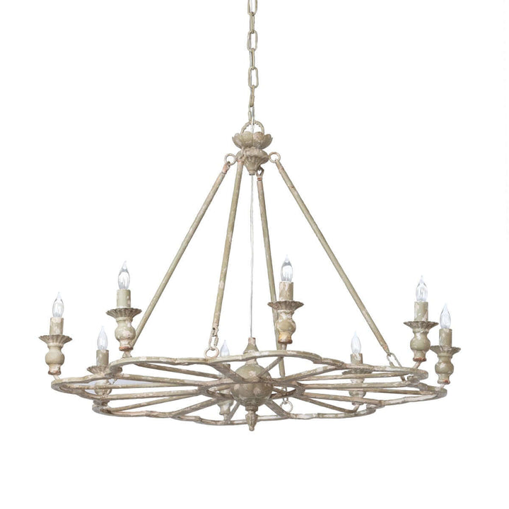 Vintage-style chandelier with multiple candle-like lights on a white background
