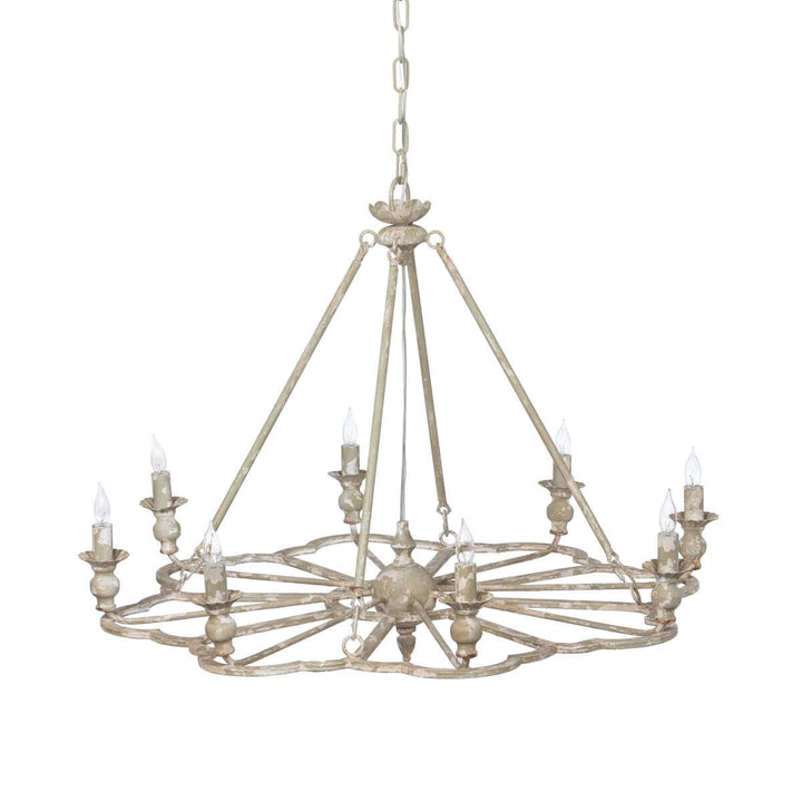 Vintage-style chandelier with multiple candle-like lights on a white background