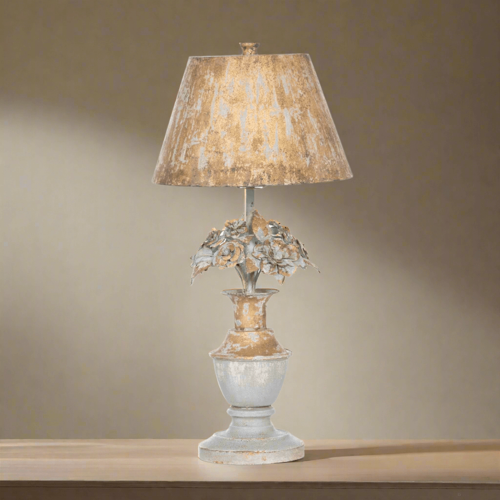 Decorative table lamp with a textured shade on a neutral background