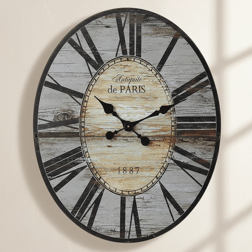 Decorative wall clock with rustic design on a beige background