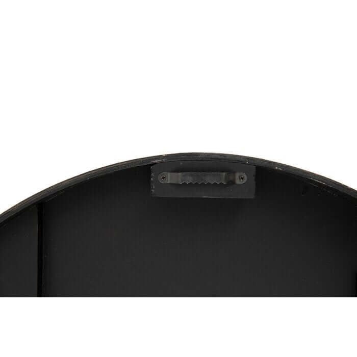 Black metal tray with a handle on a white background