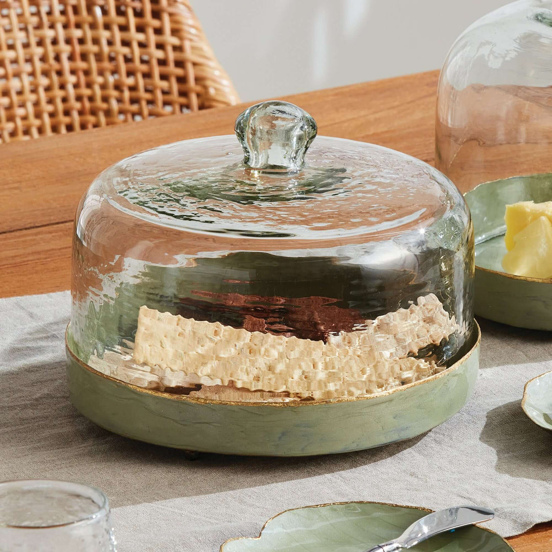 Vintage Hammered Glass Cloche with Green Enamel Tray