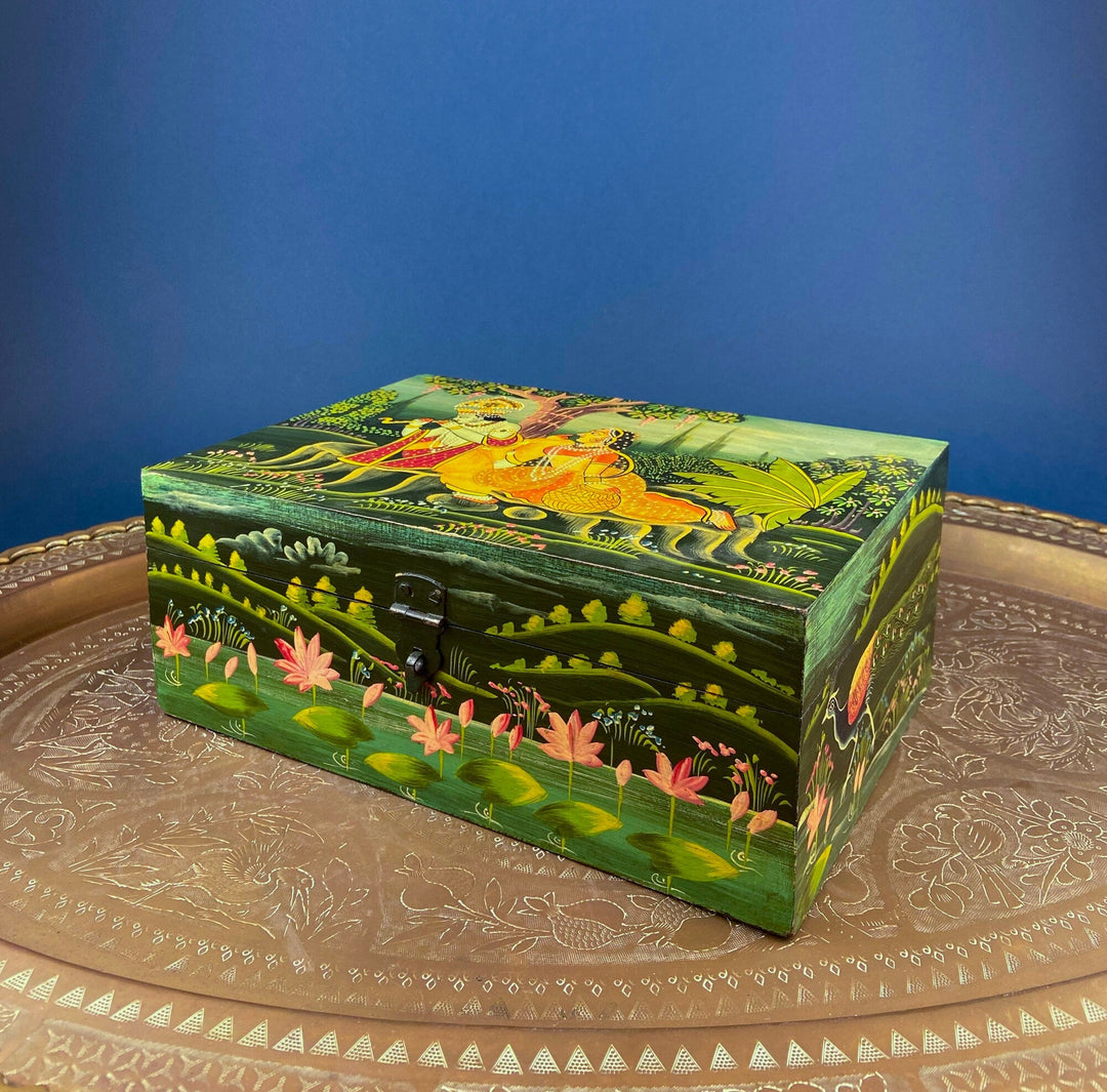 Handpainted Wooden Storage Box. Indian Themed Trinket Box. Rustic, Colorful Treasure Box Depicting Man & Woman in a Garden.