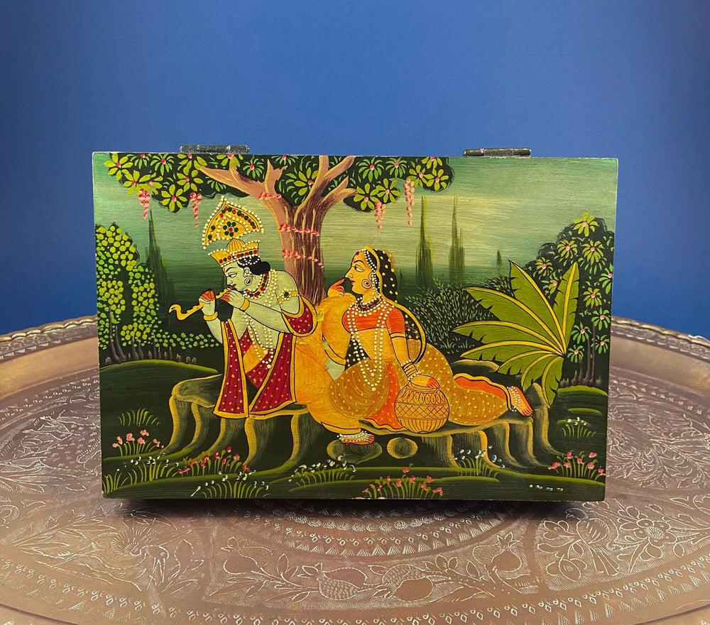 Handpainted Wooden Storage Box. Indian Themed Trinket Box. Rustic, Colorful Treasure Box Depicting Man & Woman in a Garden.