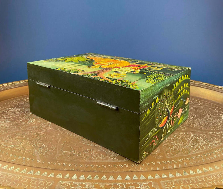 Handpainted Wooden Storage Box. Indian Themed Trinket Box. Rustic, Colorful Treasure Box Depicting Man & Woman in a Garden.