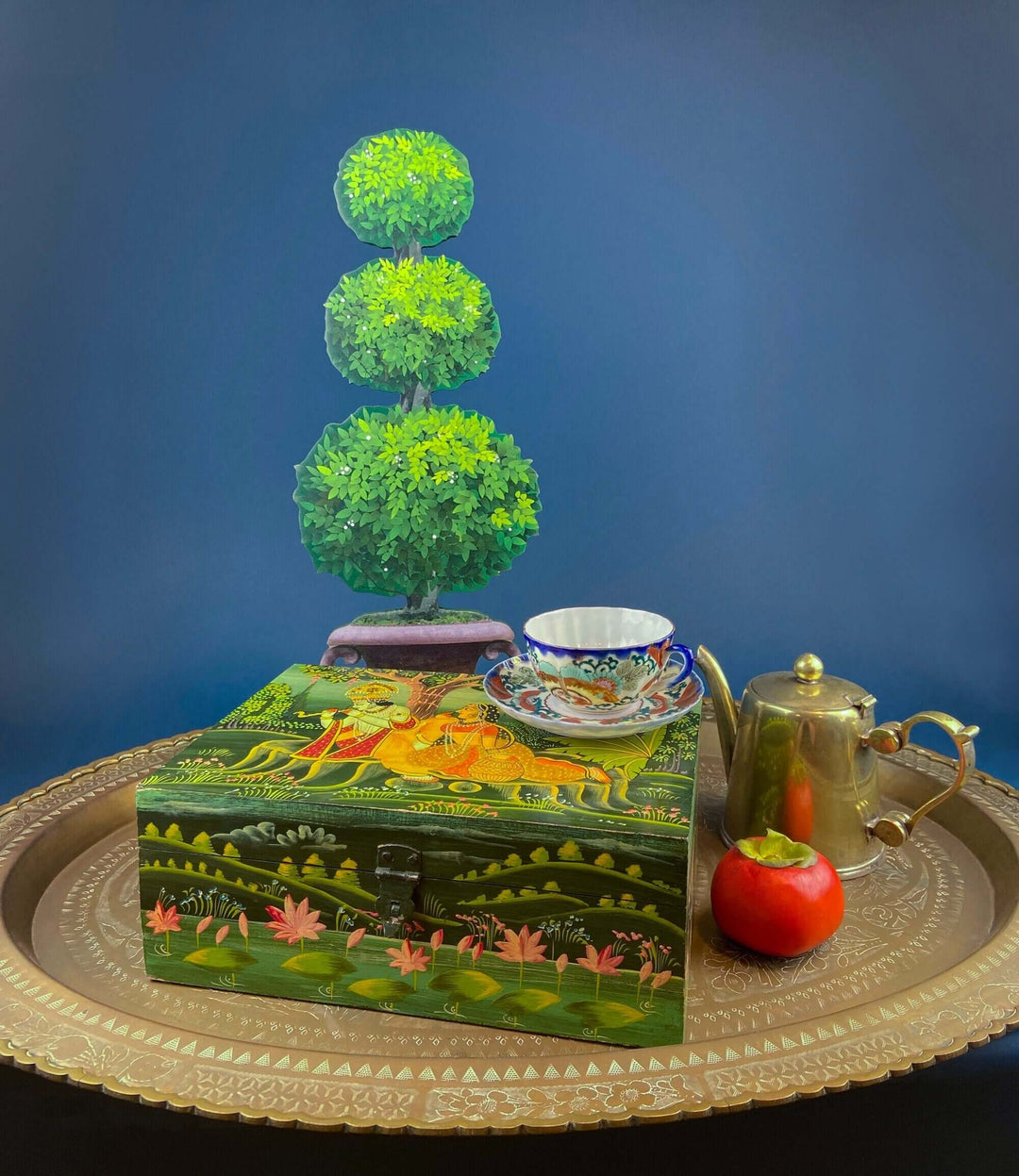 Handpainted Wooden Storage Box. Indian Themed Trinket Box. Rustic, Colorful Treasure Box Depicting Man & Woman in a Garden.