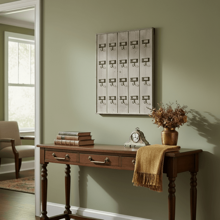 Wooden console table with books, a clock, and a vase against a green wall with a vintage design hotel key rack.