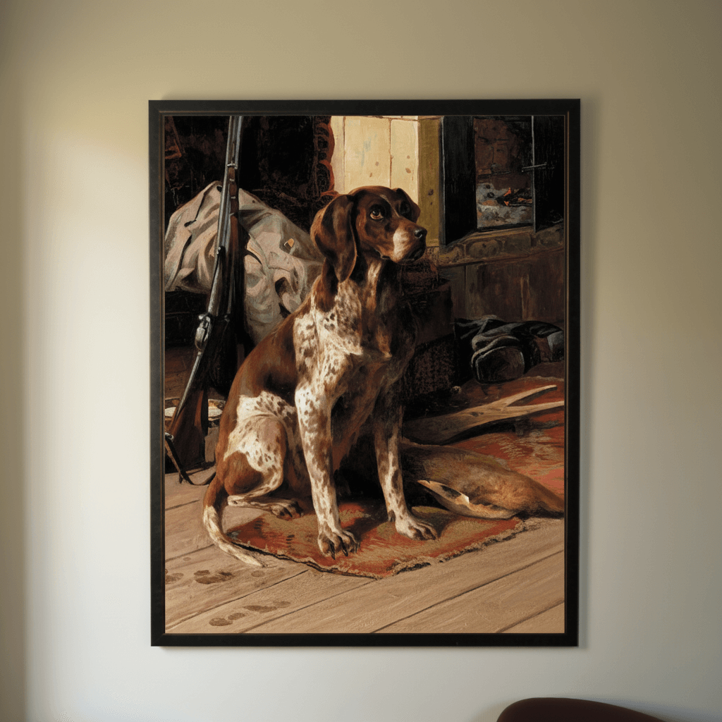 Framed painting of a dog sitting on a wooden floor with hunting equipment.
