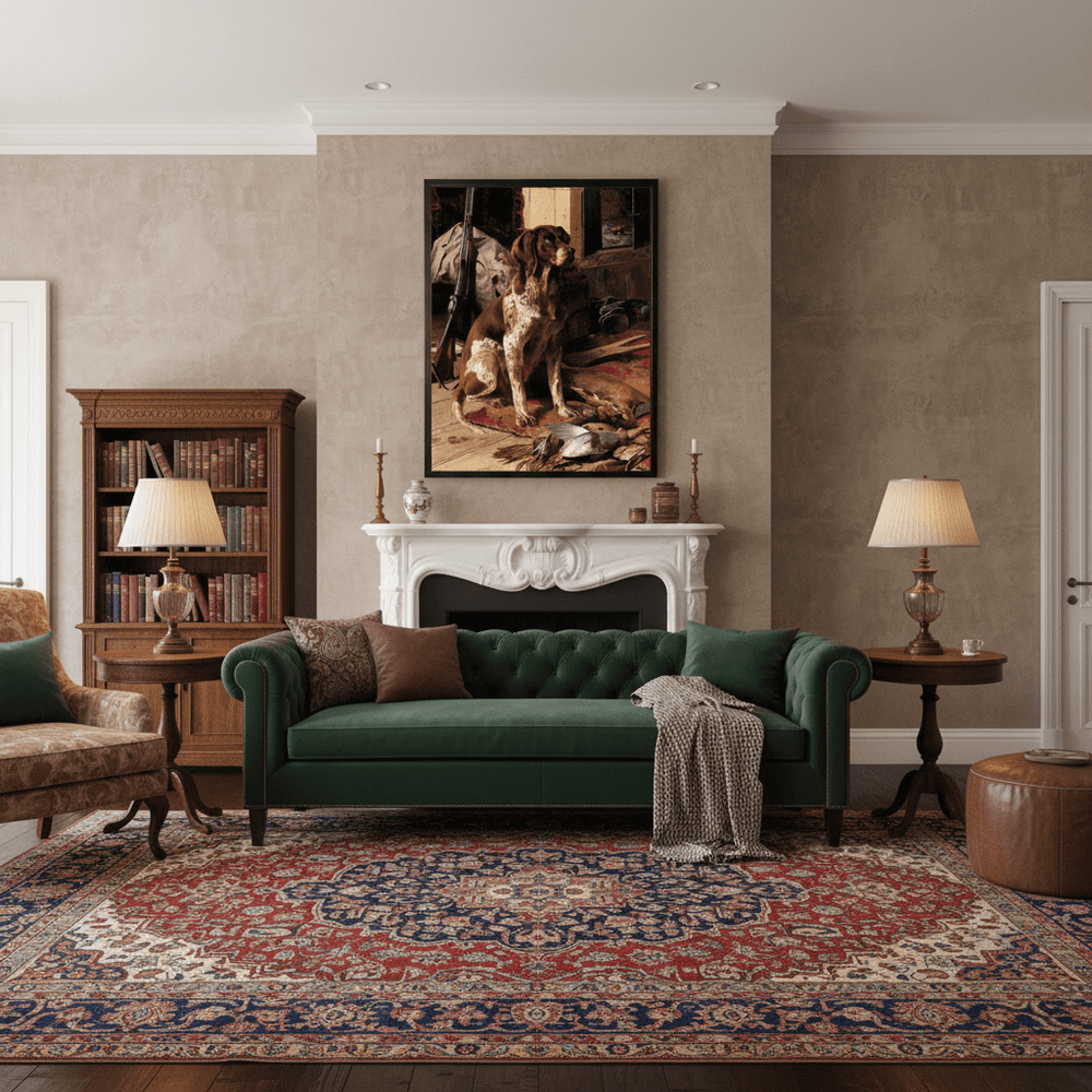 Living room with a green sofa, bookshelf, and artwork on the wall.