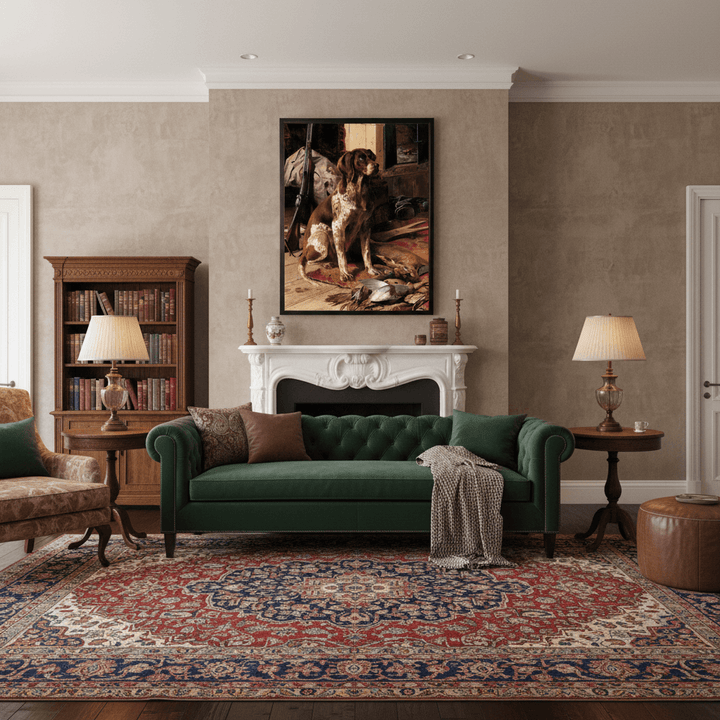 Living room with a green sofa, bookshelf, and artwork on the wall.