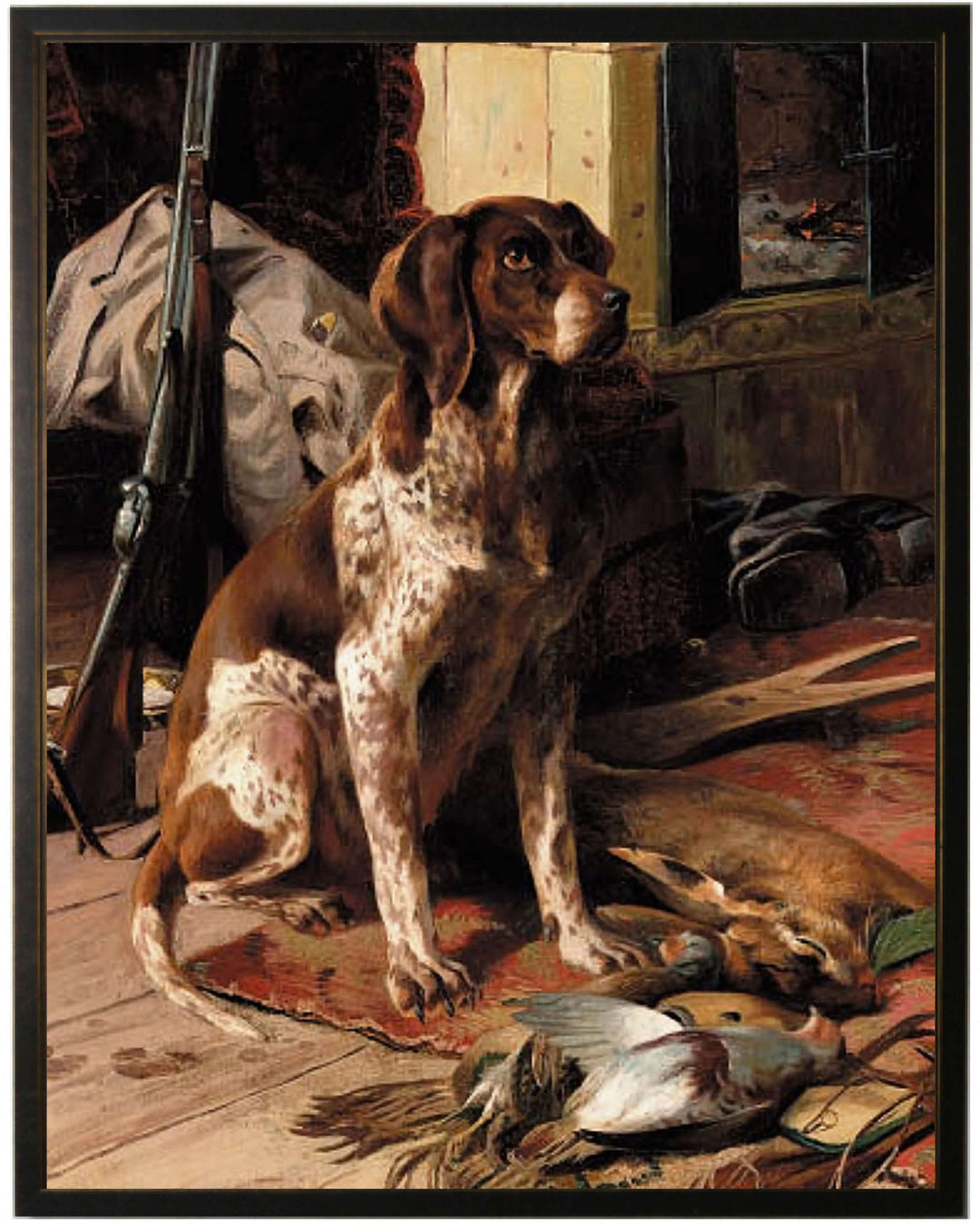 Painting of a hunting dog with game and hunting equipment in a room.