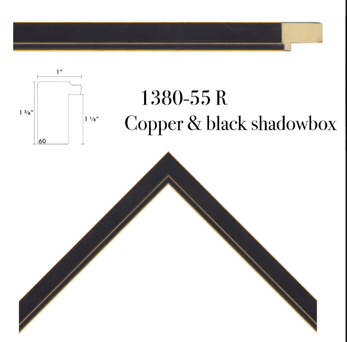 Copper and black shadowbox frame with dimensions and product code on a white background