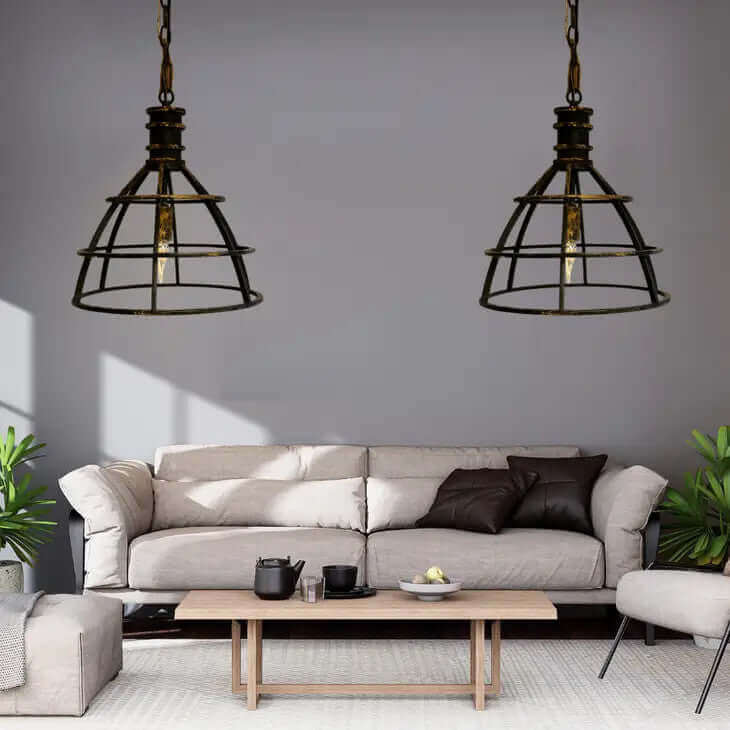 LED Sone Industrial Bird Cage Pendant Light - 3-Light Hanging Lamp, Height-Adjustable, E27, For Indoor Use (Black, Rustic Red, Or Brushed Copper)