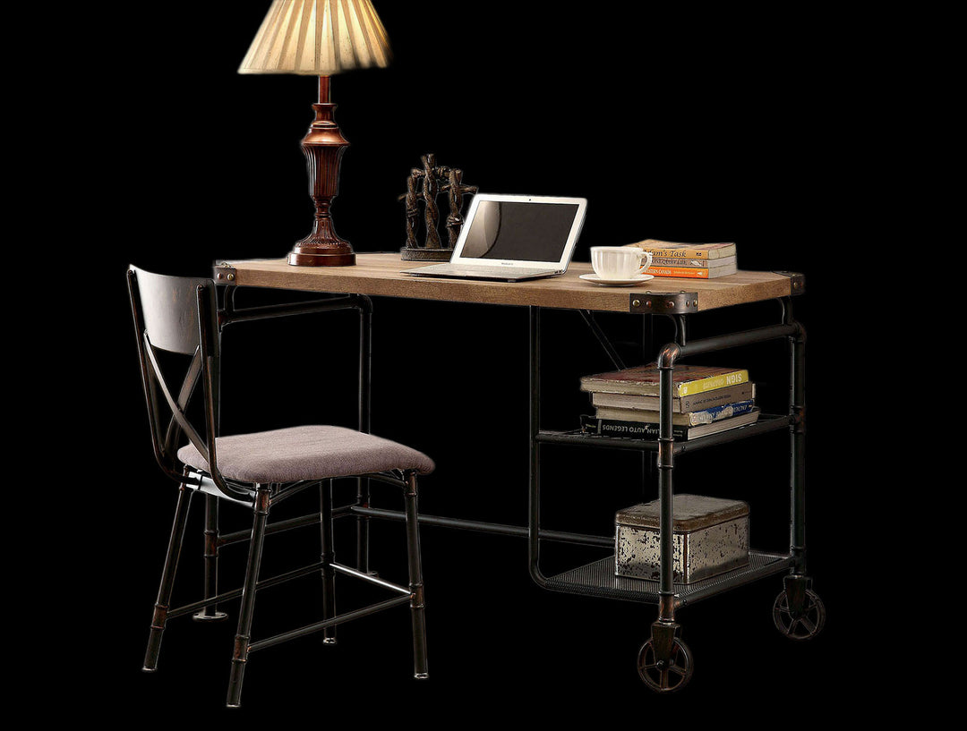 Wooden desk with metal frame, chair, lamp, and books on a black background