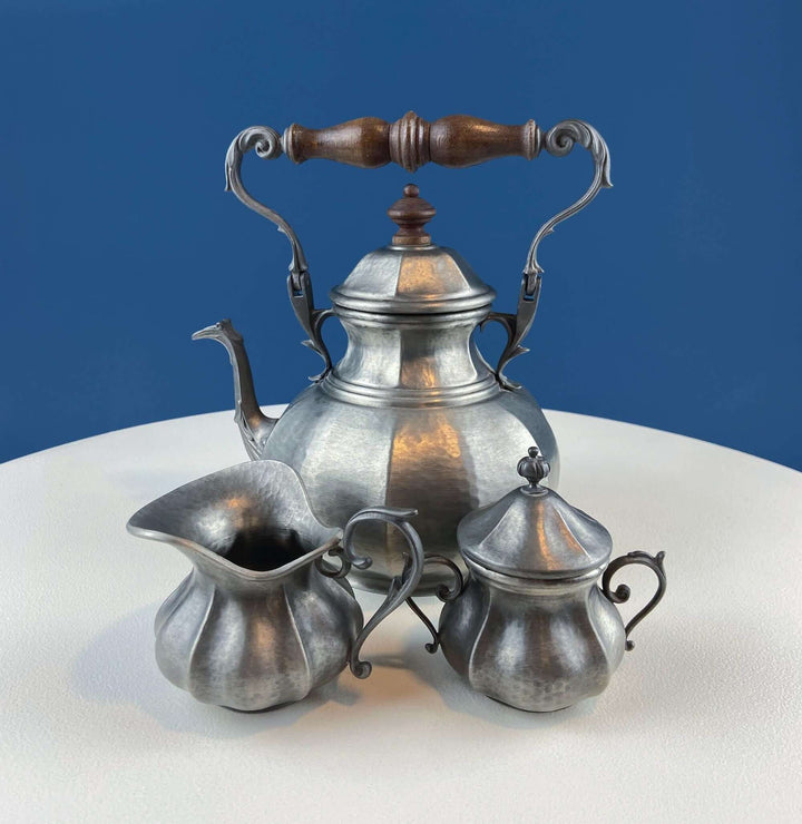 Vintage Italian Pewter Coffee Tea Set. Elegant Curvillinear Silhouette with Wood Handle. Set of 3: Pot Creamer Sugar Jar. Dining Room Decor.