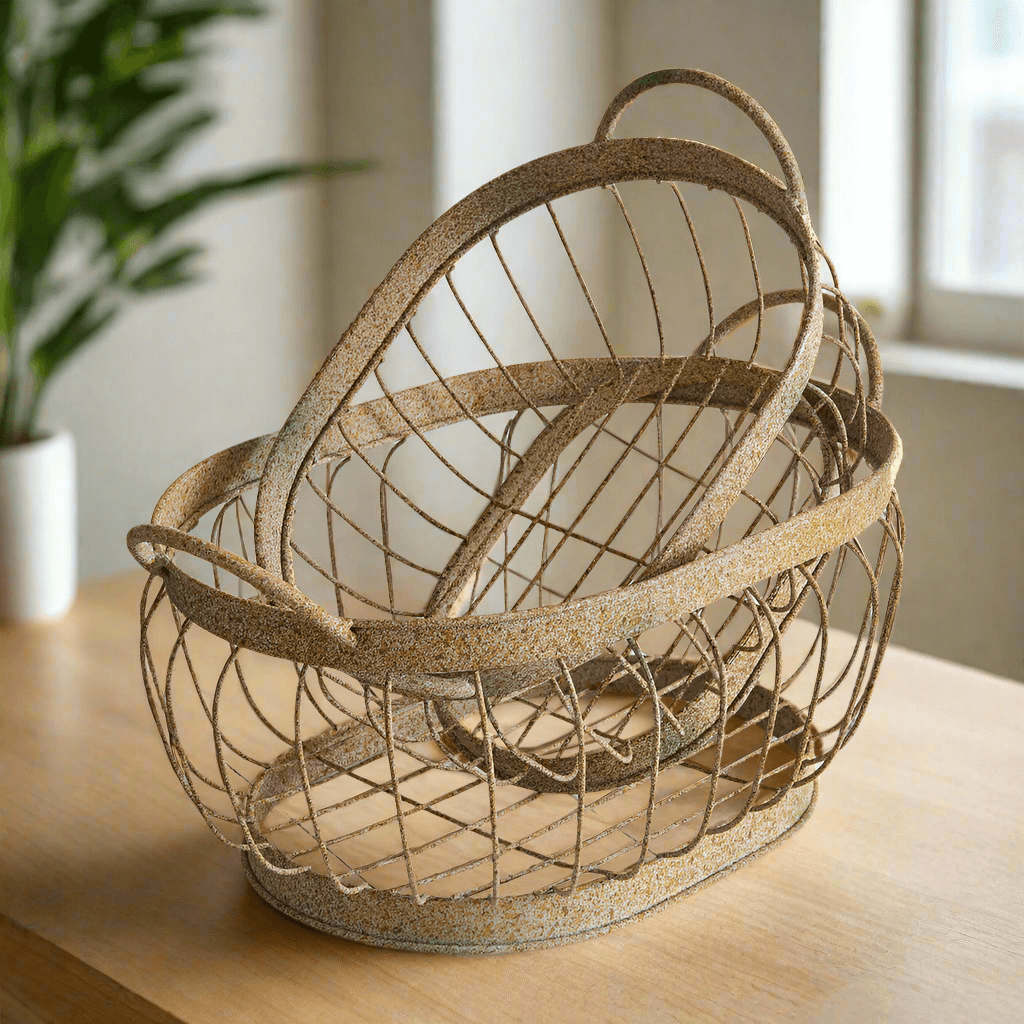 Vintage metal wire storage baskets set of 2, showcasing rustic design perfect for home organization and décor.