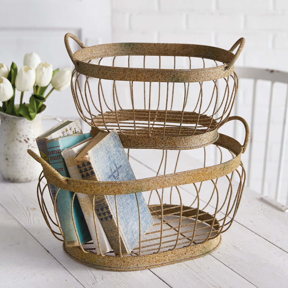 Vintage metal wire storage baskets set of 2, perfect for rustic home organization and stylish displays.