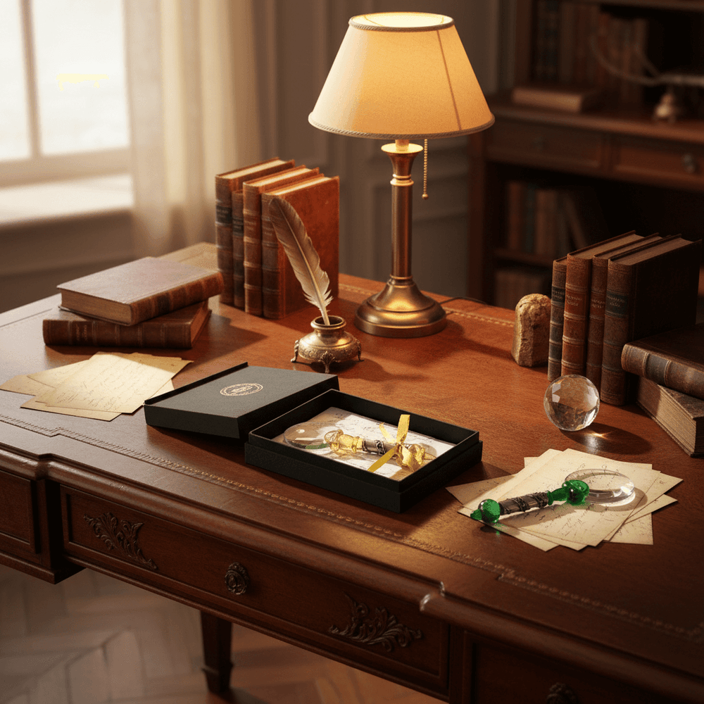 Wooden desk with vintage items including books, a lamp, and a magnifying glass.