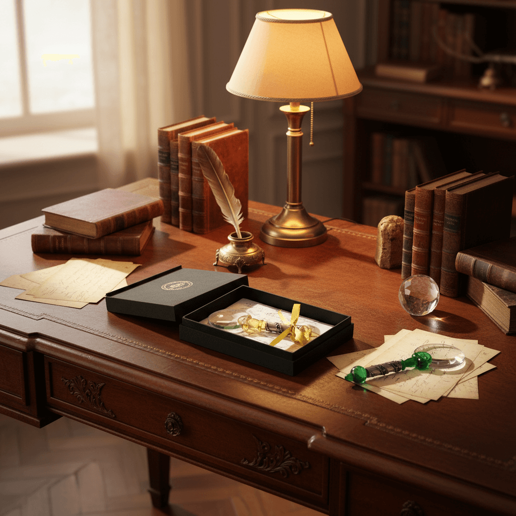 Wooden desk with vintage items including books, a lamp, and a magnifying glass.