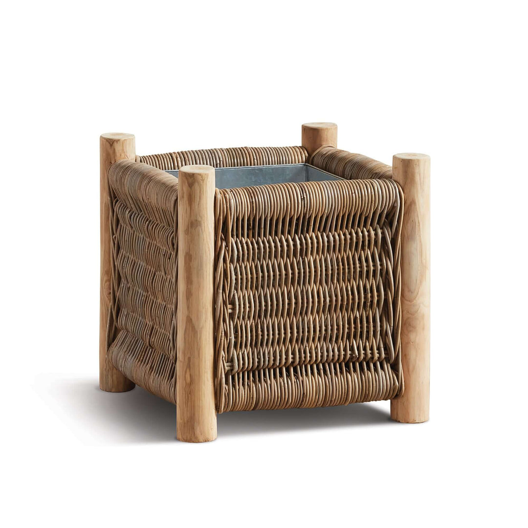 Vintage Rattan Planter with Teak Legs