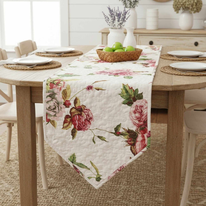 Romantic Roses Pink White Lovely Floral Quilted Dining Table Runner (879) on a wooden dining table