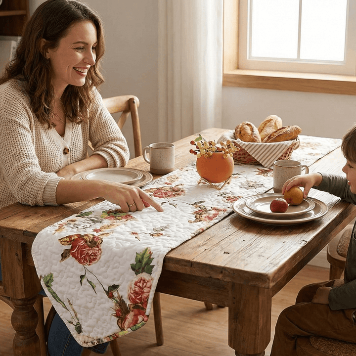 DaDa Bedding Romantic Roses Pink White Lovely Floral Quilted Dining Table Runner (879) on a wooden table in a dining room setting.