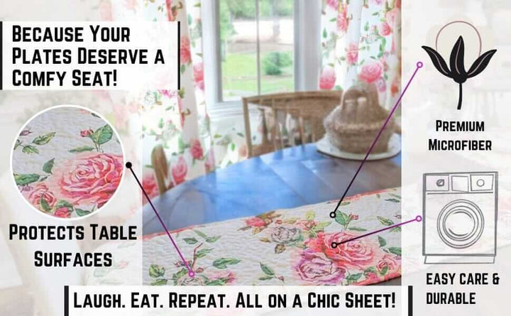 DaDa Bedding Romantic Roses Pink White Lovely Floral Quilted Dining Table Runner (879) displayed on a table with floral design.