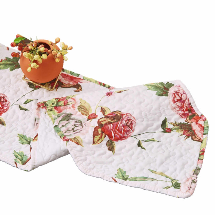 DaDa Bedding Romantic Roses Pink White Lovely Floral Quilted Dining Table Runner (879) with blooming rose pattern on white background.