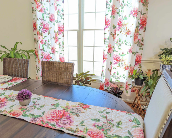 DaDa Bedding Romantic Roses Pink White Lovely Floral Quilted Dining Table Runner (879) on elegant dining table