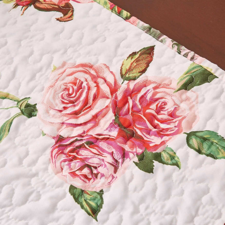 Close-up of floral design on DaDa Bedding Romantic Roses Pink White Lovely Floral Quilted Dining Table Runner (879)
