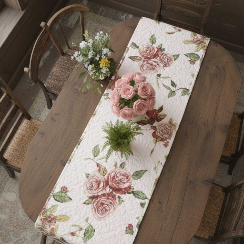 DaDa Bedding Romantic Roses Pink White Lovely Floral Quilted Dining Table Runner (879) on wooden dining table
