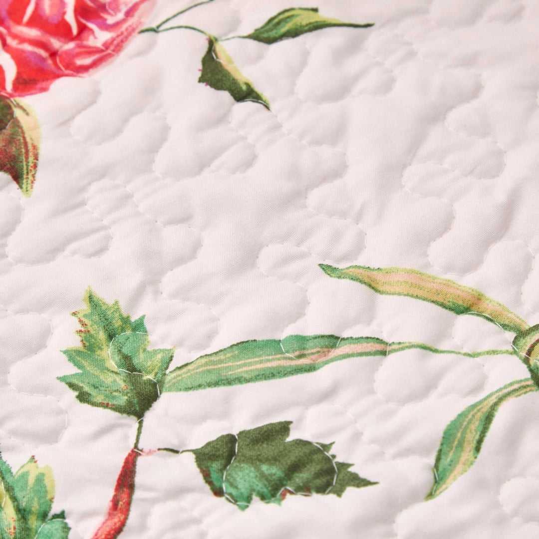 Detailed view of DaDa Bedding Romantic Roses Pink White Lovely Floral Quilted Dining Table Runner (879) with floral patterns.