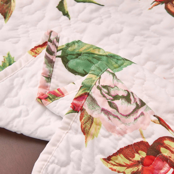 DaDa Bedding Romantic Roses Pink White Lovely Floral Quilted Dining Table Runner (879) with blooming rose patterns on white fabric