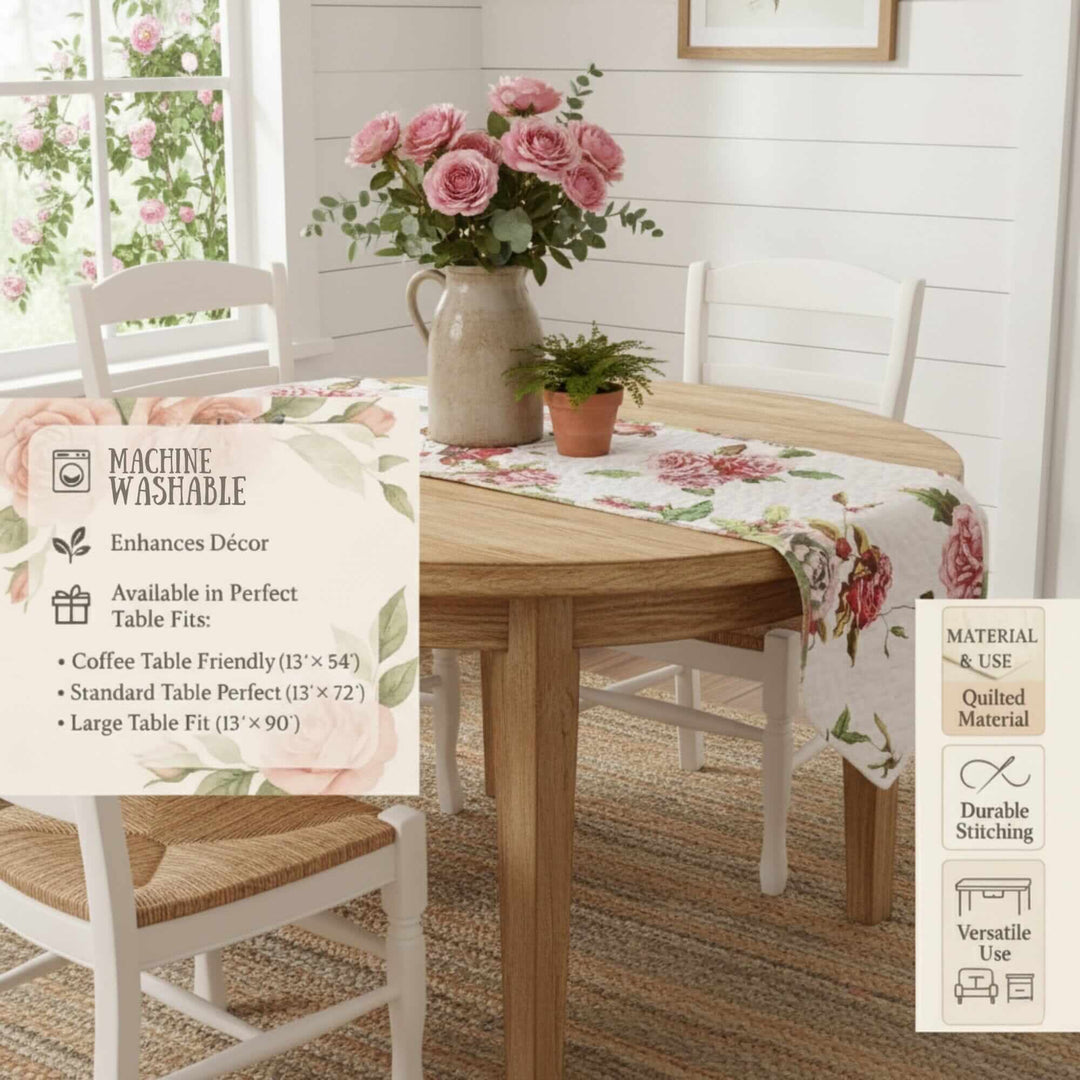 Dining room with DaDa Bedding Romantic Roses Pink White Lovely Floral Quilted Dining Table Runner (879) enhancing table decor.