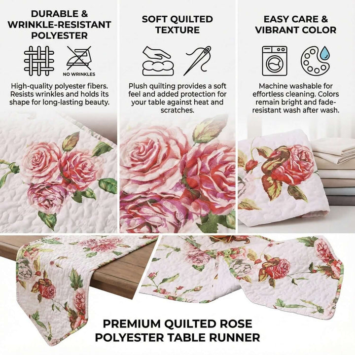 DaDa Bedding Romantic Roses Pink White Lovely Floral Quilted Dining Table Runner (879) with blooming rose patterns.