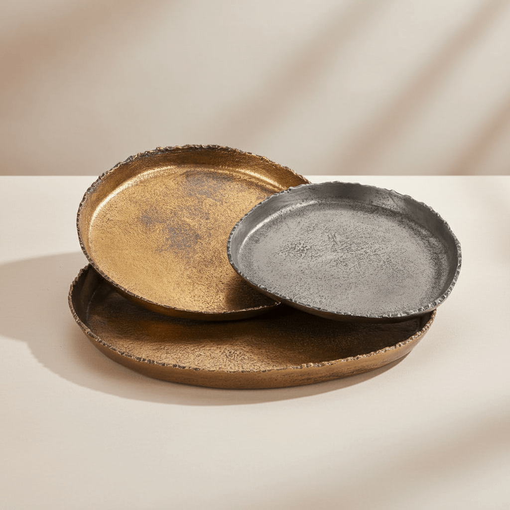 Three metallic plates in gold, bronze, and black on a beige background