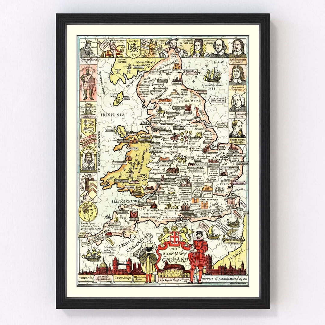 Framed map of England with illustrations on a white wall