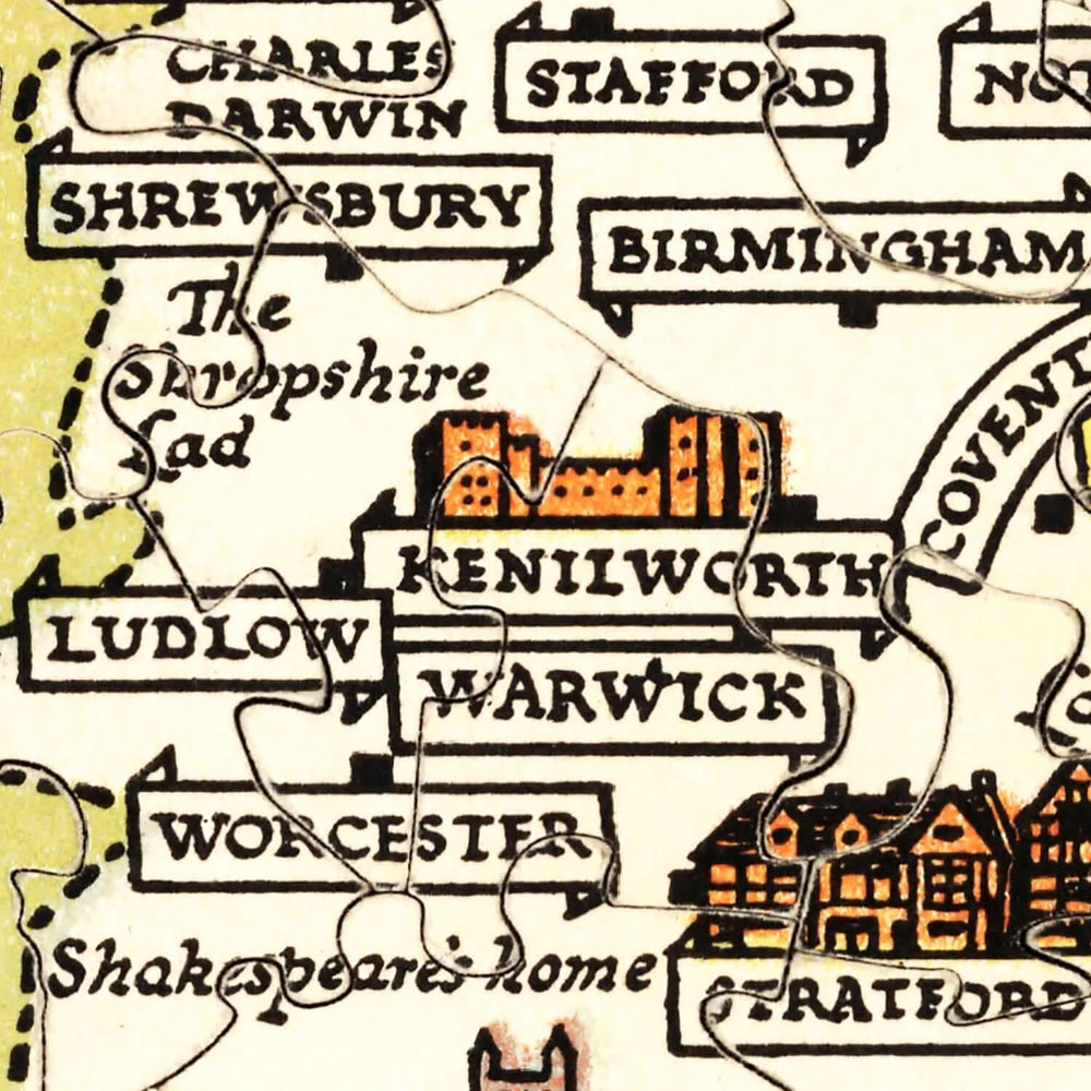 Map with text labels of cities and landmarks, including 'Shakespeare's Home' and 'Kenilworth Castle'.
