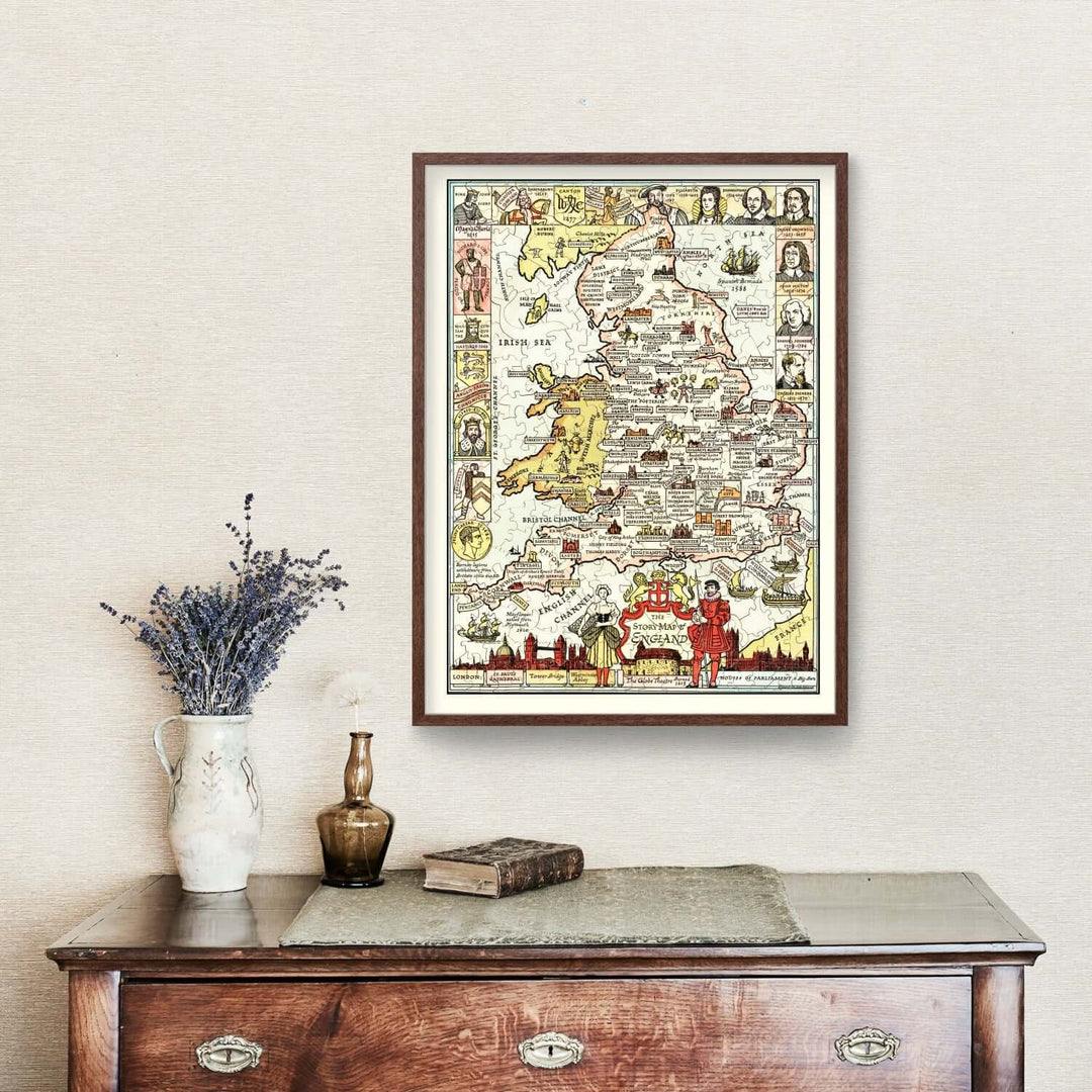 Framed map of England on a wall above a wooden dresser with decorative items.