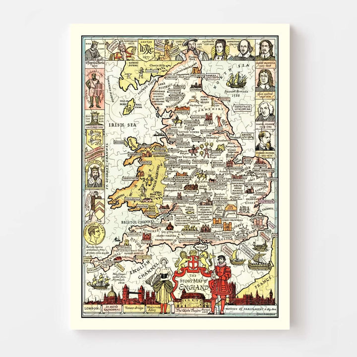 Vintage-style map of England with illustrations on a white background