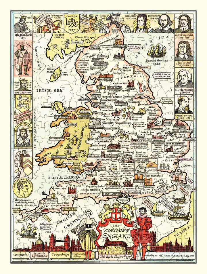 Historical map of England with illustrations and text