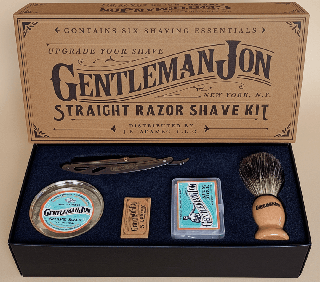 Gentleman Jon straight razor shave kit with box on a beige background