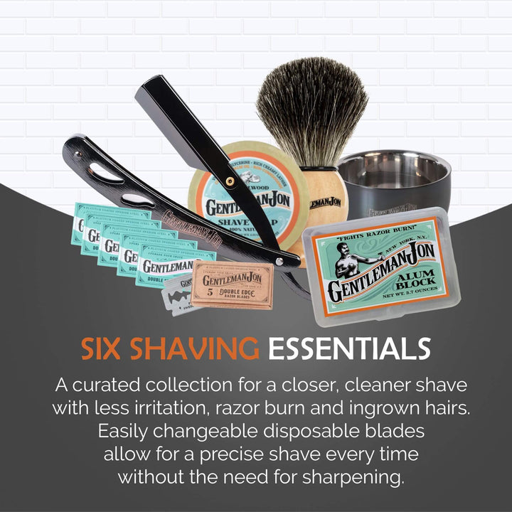 Shaving essentials including a straight razor, brush, and Gentleman Jon products on a white background.