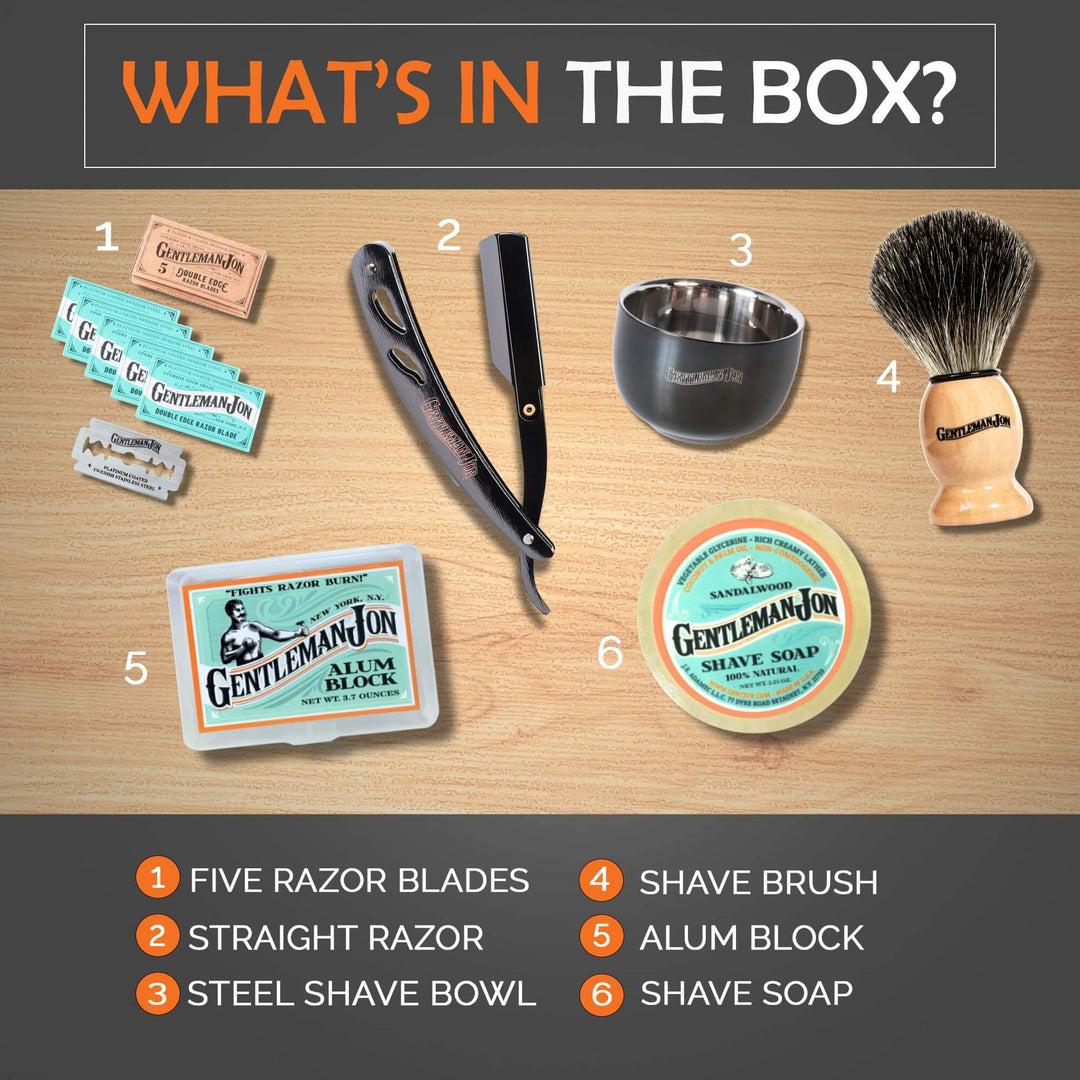 Shaving kit with labeled items including razor, brush, and soap on a wooden surface.
