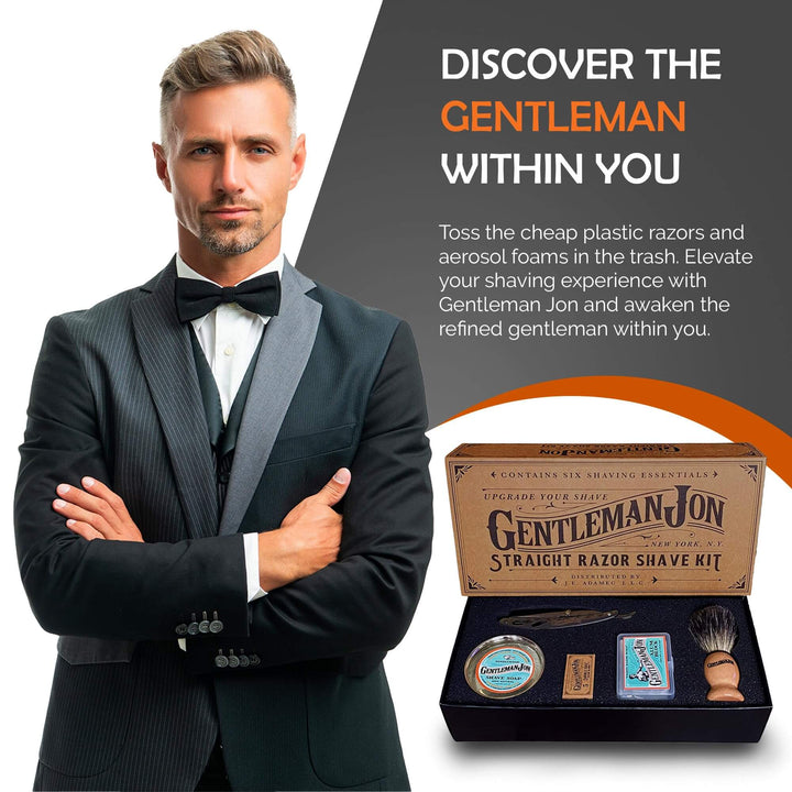 Man in a suit with a Gentleman Jon shaving kit and promotional text.