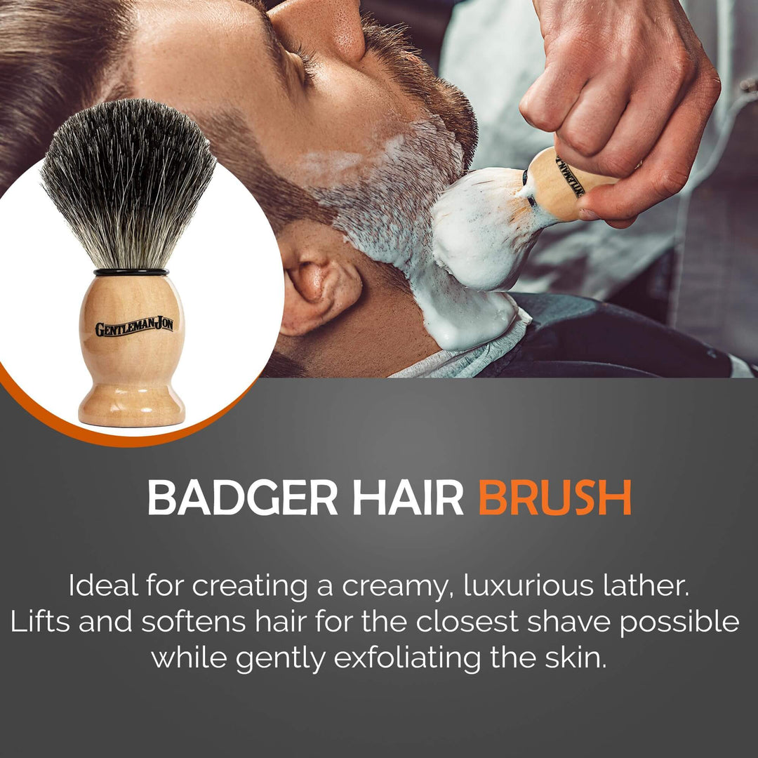Man shaving with a badger hair brush and cream, with a close-up of the brush on a gray background.
