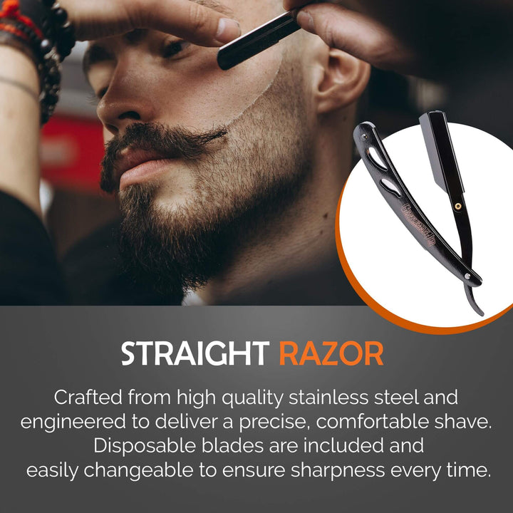 Man getting a straight razor shave with product details on a dark background