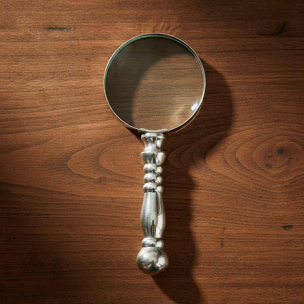 Silver magnifying glass on a wooden surface