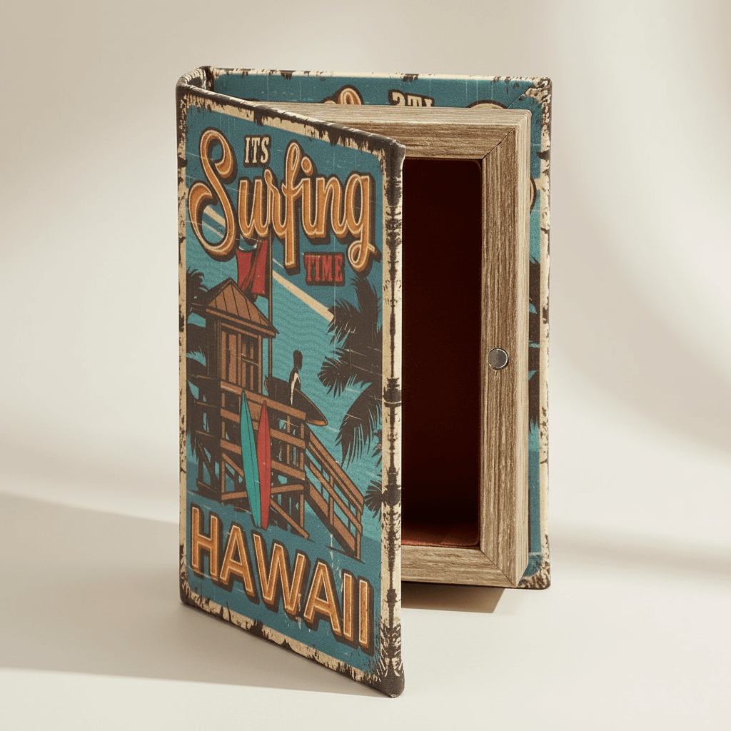 Decorative box with 'It's Surfing Time Hawaii' design on a white background