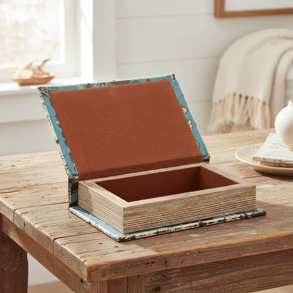 Wooden box with a brown interior on a wooden table